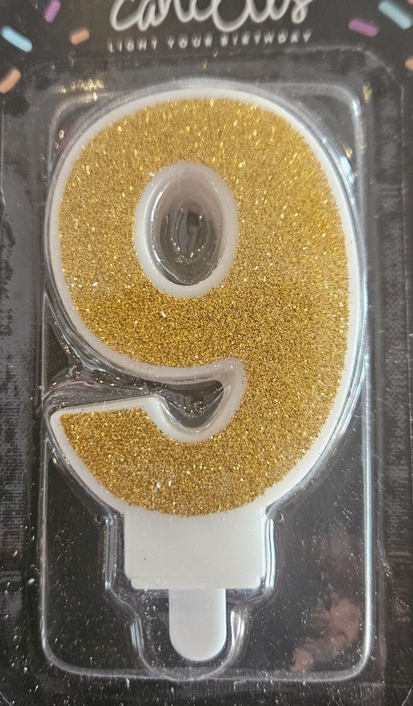 cijfer kaars 9 goud glitters